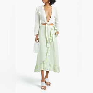 Lisa Marie Fernandez Ruffled metallic green linen wrap skirt